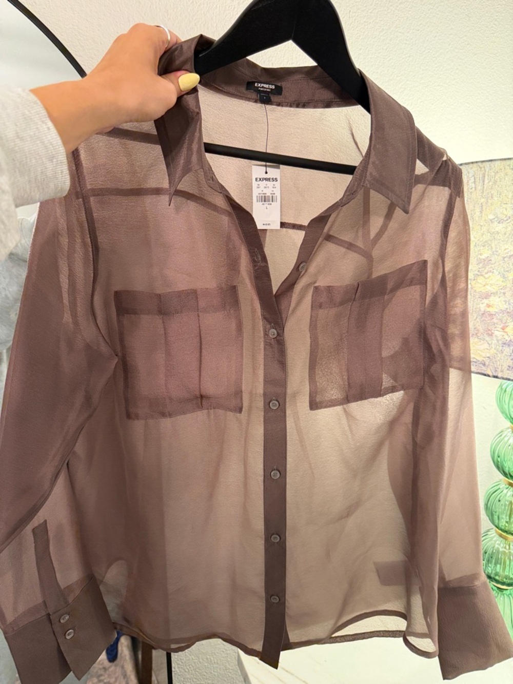 Express Sheer Button-Down Blouse in Mauve Brown